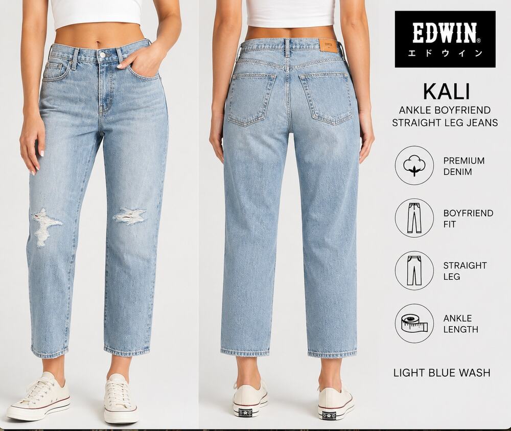 NWT EDWIN Kali Boyfriend Straight Leg Distressed Jeans Size 31